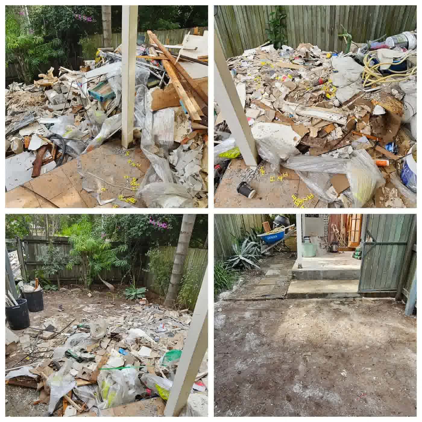 Commercial rubbish removal and construction waste cleanup before and after photos. Mixed demolition debris, timber, plasterboard, and general site waste removed and disposed of professionally in Brisbane.