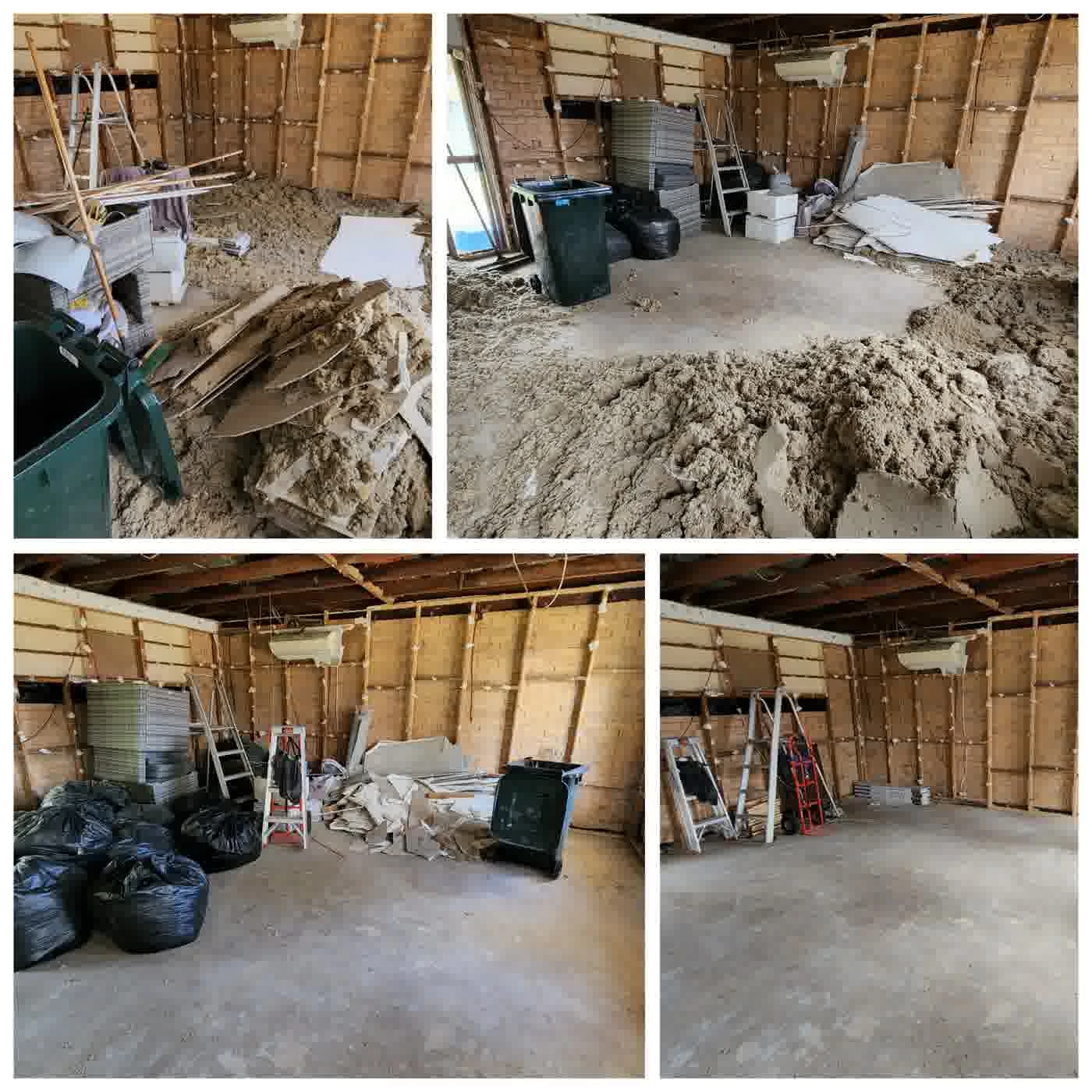 Construction debris cleanup and renovation waste removal in Brisbane. Before and after images showing insulation, plasterboard, and demolition waste professionally cleared from an indoor construction site.